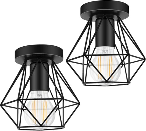 Industrial Ceiling Light Fixtures Flush Mount Ceiling Light Fitting Larger Metal Cage Ceiling Lights for Kitchen Hallway Dining Rooms Living Room (No Bulb), 2Pack
