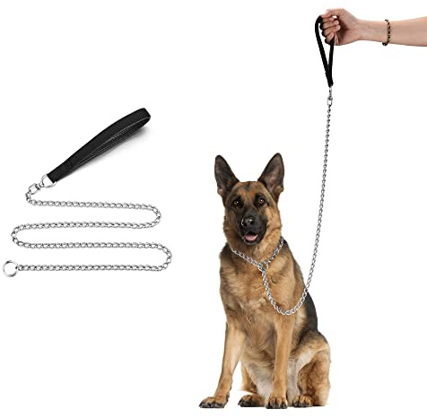 Filhome Metal Dog Leash and Collar - 4ft Chew Proof Chain With P Chain Slip, Heavy Duty Sturdy Pet Leash With Padded Handle for Large Medium Dogs