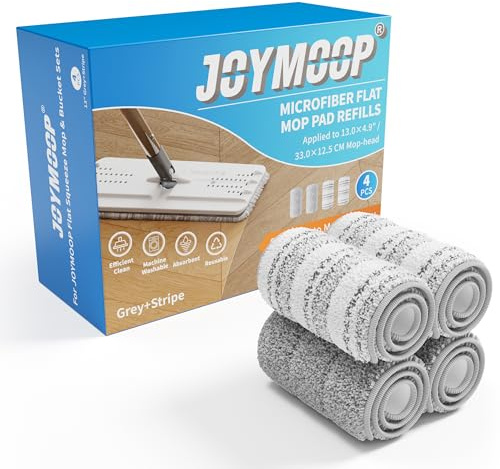 JOYMOOP Flache Wischmopp-Pads, Mikrofaser-Reinigungspads, waschbare Pads, Ersatz für JOYMOOP Flachmopp oder Mopp-Eimer-Set, Nachfüllpackungen, 33 cm, Refill 4 Pack – Grau und Streifen