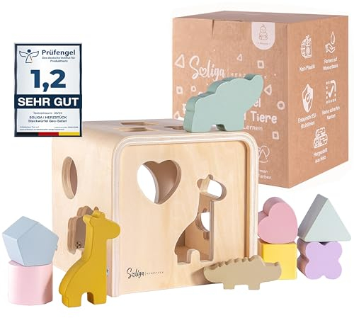 Soliga | HERZSTÜCK Buchenholz Steckwürfel ab 1 Jahr - Steckspiel aus Holz Formen - Montessori Lernspielzeug und Formensortierspiel - Motorikwürfel Steck-Spielzeug/Formsortierer