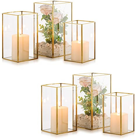 Nuptio Kerzenständer Glas Windlicht: 6 Stücke Groß Kerzenhalter Stumpenkerzen, Dekorative Laternen Set Outdoor für Hochzeit Weihnachten Halloween Wohnzimmer Tischplatte Kamin Gehärtetes Glas