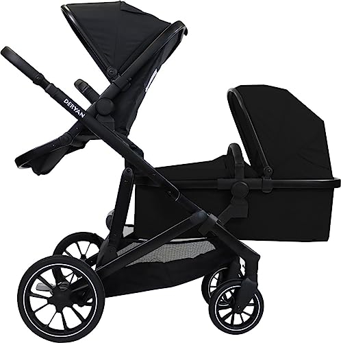 Deryan EVY V2 Kinderwagen für 2 Kinder - für Neugeborene, Kleinkinder & Kinder im Vorschulalter - Baby Buggy bis 50kg - Baby Wagen - Reise Kinderwagen 2 in 1 Komplettset - Schwarz