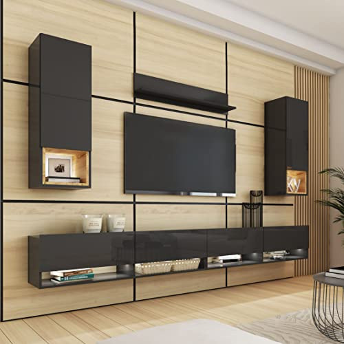 BROMARKT Premium Wohnzimmer Set 5 Teile - Möbel Mit Wandschrank und TV Schrank - Wohnwand Modern - Komplett Möbel - Hochglanz Schwarz