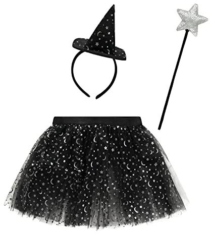amscan 9918111 - Kids Halloween Star Witch Dress Up Kit - Moon & Stars Tutu, Hat & Wand