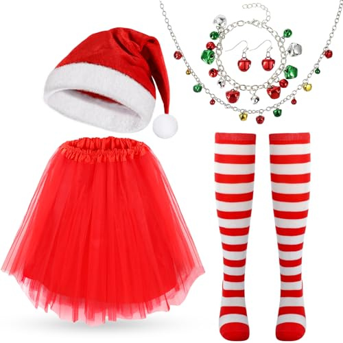 Hifot 6-pack juldräkter för kvinnor – jultomtemössa, röd tutu, randiga knähöga strumpor, julbjällerklang halsband set för kvinnor och flickor – julfestkläder för vuxna