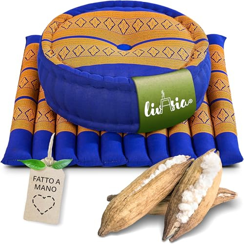 livasia Set Meditazione L - Ø 38x15cm/tappetino 50x50x4,5cm - Set Yoga con Cuscino e Tappetino, Pouf, Tappetino e Cuscino Yoga Fatto a Mano con kapok, Cuscino Pavimento, Cuscino zafu (Blu/Giallo)