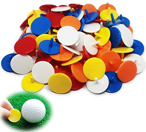 Adhere 100 Stück Kunststoff-Golfball-Markierungen, Viertelgröße, 25 mm, flache Golfball-Markierer, Zubehör, verschiedene Farben (50 Stück gemischte Farben)