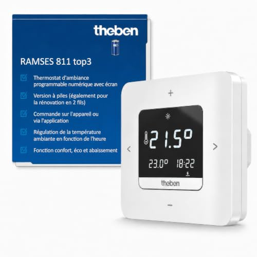 Theben 8119200 Ramses 811 top3 Digital-Uhrenthermostat Batterie | Raumthermostat, Bedienung Gerät/App, Bluetooth BLE, Display, 3 Wochenprogramme, Puls-Dauer, Hysterese Komfort, Eco, Absenk