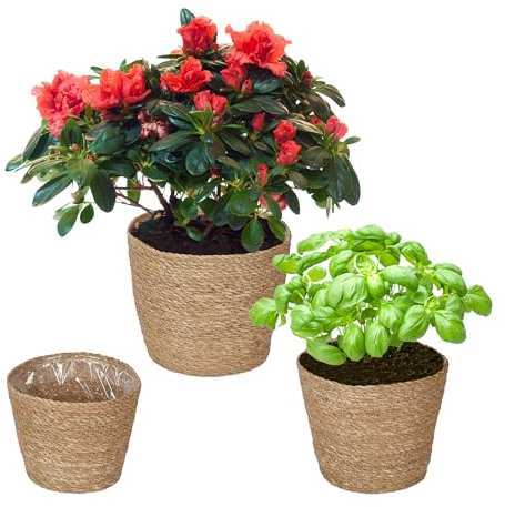 Relaxdays Blumentopf Seegras, 3er Set, rund, für Blumen & Kräuter, Pflanzenkorb mit Folie, 3 Größen, Pflanzkübel, Natur