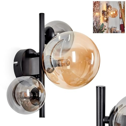Wandleuchte Chehalis, Wandlampe aus Metall/Glas in Schwarz/Rauchfarben/Bernstein, Leuchte im Retro/Vintage-Design, Schirme aus Glas (Ø 10, 15 cm) u. An/-Auschalter am Gehäuse, 3x G9, ohne Leuchtmittel