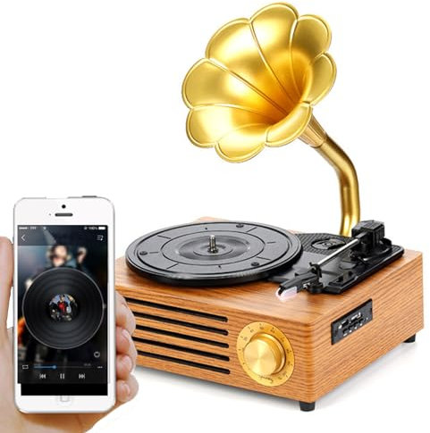 Vintage Gramophone with Wireless Bluetooth Function, Horn Shape Vinyl Record Player with Built-in Stereo Speakers, SD Card Player, 33/45/78 3 Speeds for Hotels, Clubs, Bars, Yoga Studios