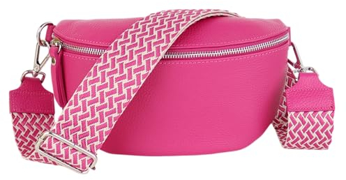 MIRROSI® Bauchtasche Damen, Echtleder, Made in Italy, Umhängetasche, Brusttasche, Crossbody Bag (1 Tasche & 2 Gurte) (Pink (Flecht), Große Tasche (28x18x9cm))