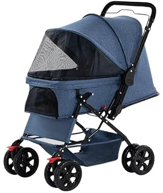 Hundvagn Hund vagn Hopfällbar Hundvagn Med 4 Hjul Kattvagn Husdjursvagn För Små Medelstora Katter Hundar Fällbar Vagn För Resepromenad Husdjursvagn (Color : Blue)