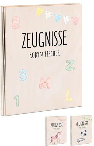 Bärenfreunde® - Personalisierte Zeugnismappe aus Holz mit hochwertigem Spezial-Druck - Einschulungsgeschenk für Jungen und Mädchen (Alphabet Zahlen)