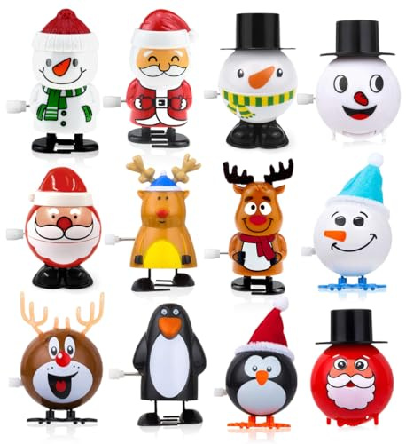 Aurasky 12 Stück Weihnachts Aufziehspielzeug, Uhrwerk Springspielzeug Set für Kinder Erwachsene, Aufziehen Pinguin Weihnachtsmann Rentier Schneemann für Geschenktütenfüller