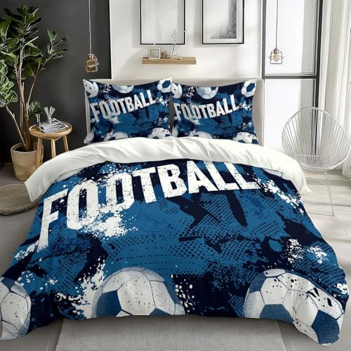 Quixora Set Copripiumino Grigio chiaro Letto Singolo Biancheria da Letto – Motivo Tema di calcio Parure Letto, 135 x 200 cm con 2 Federa 50x75 cm