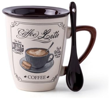 YlobdolY Taza de café de cerámica de 350 ml con tapa de asa y cuchara, taza de té esmaltada con palabras novedosas, tazas de café, tazas de café con leche para hombres y mujeres, juego de tazas de