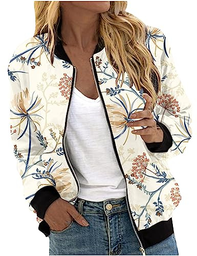 Chaqueta Bomber de Mujer - Piloto con Estampado Floral, Ligera de Verano, Manga Larga, Entretiempo con Cremallera Corta