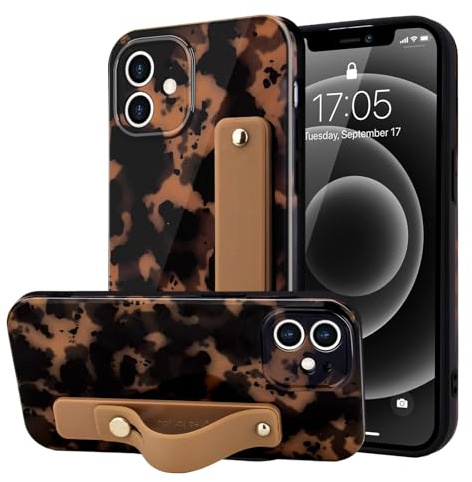 LAPOPNUT for iPhone 12 Case with Wrist Strap,Cheetah Leopard Tortoise Shell Print Shockproof Soft TPU Protective Case Women Girls,Slim Anti Scratch Cover for iPhone 12 6.1 Inch,Brown
