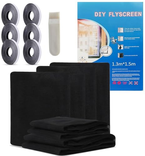 HKC 6 Pièces Moustiquaire Fenetre, 130 x 150 cm Moustiquaires Pour Fenêtre Avec 6 Rouleaux De Bandes Autocollantes, Filet Écran Insecte Toile Moustiquaire Découpable Anti Mouche Moustiques (Noir)