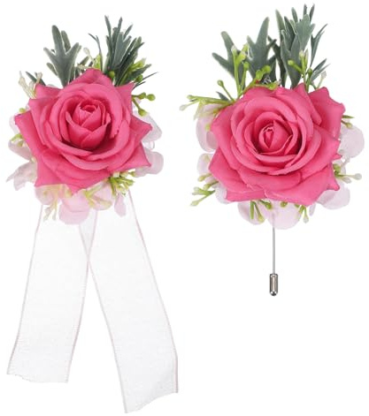 sourcing map Set di bouquet da polso e fiore all'occhiello di colore rosso rosa, con fiori artificiali, per matrimonio, sposa, sposo, cerimonia, anniversario, ballo di fine anno