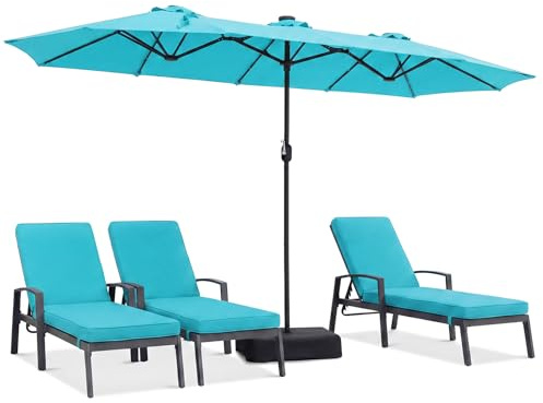 RELAX4LIFE Ombrellone da Giardino 4 x 2 M con Luci LED, Ombrellone Grande con Base e Apertura Manovella per Patio, Terrazzo, Balcone e Ristorante (Turchese-Base+Luci, 4 x 2 M)
