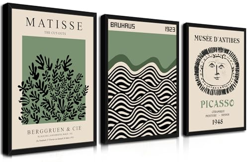 Picasso Matisse Bauhaus Leinwand-Kunstdrucke, Set mit 3 Stück, Salbeigrün, modern, minimalistisch, Wanddekoration, Bilder, abstrakte Kunst, Gemälde, Poster, geeignet für Galerie, Schlafzimmer
