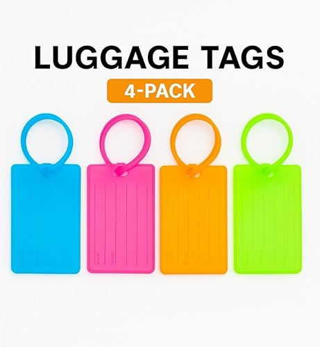 TREATY Travel Luggage Tags with ID Card, 11 x 6.3 cm, 4 Colours, for Suitcases and Bags Premium Luggage Tags with Contact Card – Waterproof, Tear-Resistant, Secure Strap – (4 Pack)