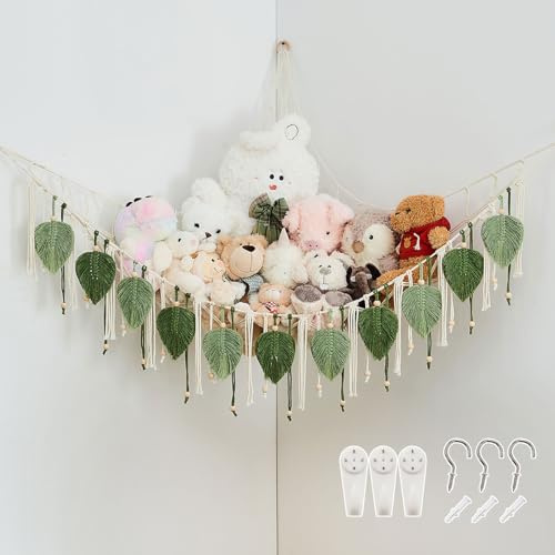Pretty Jolly Stuffed Animal Hammock with Hand Woven Leaf Beads Tassels Corner Hanging Net Boho Macrame Plush Holder for Toys Kid Room Nursery Decor Organizer for Girls Gift(Sage Green&Avocado Green)