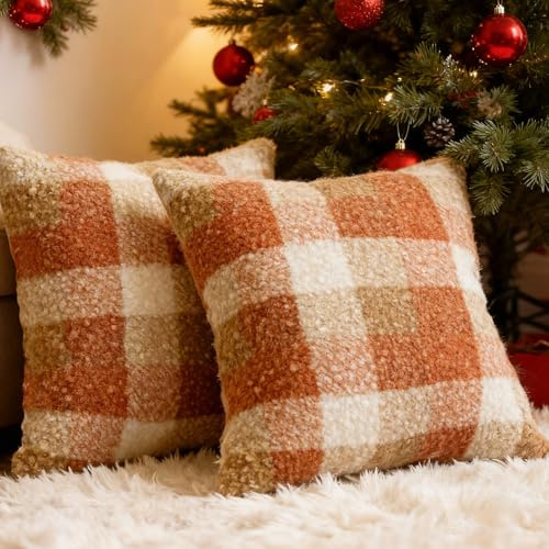 OSVINO Karo Weihnachts Herbst Kissenbezüge 2er Set, 45x45 cm Weicher Flauschiger Bezug, Kissenhülle Dekokissen für Sofa Wohnzimmer, Orange