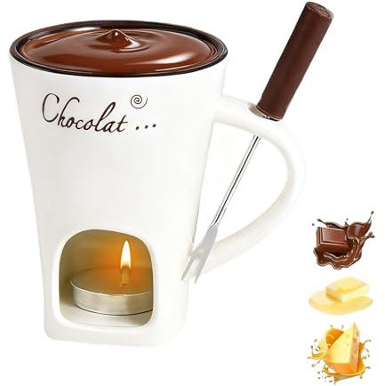 Chocolate Fondue Mug with Forks, Ceramic Chocolate Melting Cup, Butter Warmers Pot, Candle Minis Simmer Mug for Chocolates, Cheese, Butter (White)