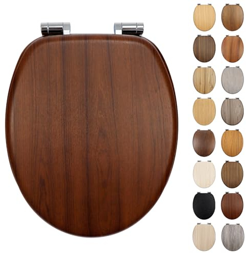 Fanmitrk Standard Wooden Toilet Seat Soft Close, MDF Adjustable Hinges with Bottom Fixture,Easy to Clean and Install for Bathroom(JHE171-1A-01A)