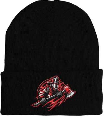 tshirtladen Strickmütze Firefighter Flame Bestickt mit Feuerwehr Motiv Wintermütze aus Polyacryl Strick für Damen und Herren Unisex Beanie mit Flammenstickerei