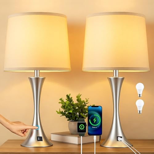 LIT-PaTH Touch Table Lamp Set of 2 for Nightstand, 3 Way Dimmable Bedside Lamps with USB C+A Charging Ports, 21.5 Nickel Metal Bedroom Light for Living Room End Table Office (LED Bulbs Included)