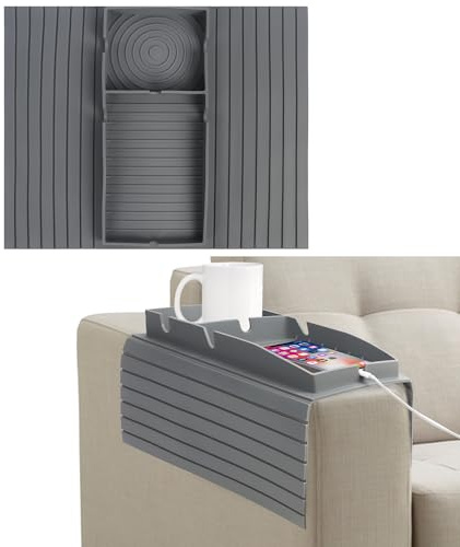 NiCola Sofa Armrest Tray Table Grey Sofa Armrest Tray Organizer, 2PCS Silicone Couch Arm Rest Cup Holder for TV Remote Control, Coffee, Snacks, Glasses, Phone Organisation Storage (2pcs Grey)