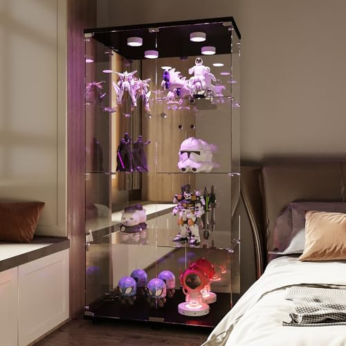 HNOUER Glasvitrine Standvitrine mit LED,Glas Vitrine Vitrinenschrank mit Schloss und 2 Türe,Vitrine für Sammlung Sammlervitrine mit 4-Lagen für Wohnzimmer,Schlafzimmer, Büro,Schwarz,164 x 80 x 36 cm