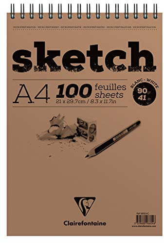 Clairefontaine 96604C - Skizzenblock Sketch mit Doppelspirale, DIN A4 21x29,79cm, 50 Blatt, ideal für Trockentechniken, 90g, Weiß, 1 Stück