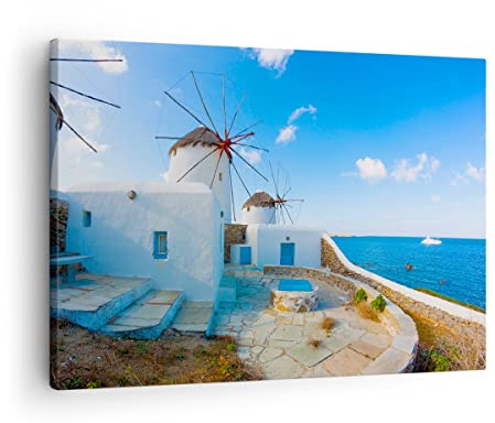 Bilder auf Leinwand Griechenland Insel Küste Haus Leinwandbild 70x50cm Wandbilder Dekoration Wohnzimmer Schlafzimmer Küche Deko Klein Wanddeko Bild Wand Kunstdruck Art Wall Decor Canvas AA70x50-2424