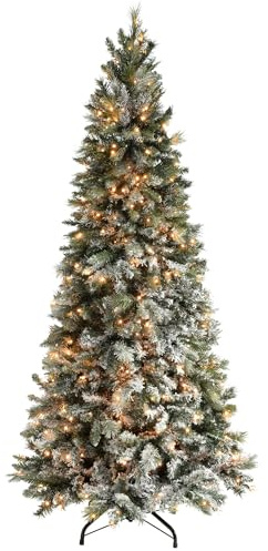 WeRChristmas 7 ft Slim Snow Flocked Spruce Pre-Lit Multi-Function Christmas Tree with 400 Warm White LED Lights/ 8 Setting Controller/ Easy Build Hinged Branches