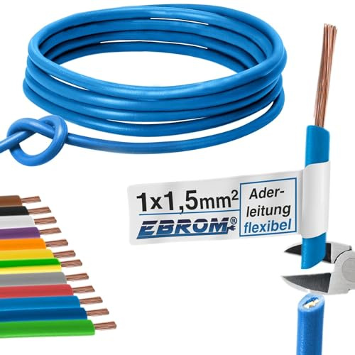 EBROM Aderleitung Einzelader flexibel H07V-K 1,5 mm² Farbe: HELLBLAU, 100 m | 1,5 mm2 -> 100 Meter Ring / Litze, Schaltlitze, Einzelader flex, PVC Leitung, Verdrahtungsleitung, Schaltdraht