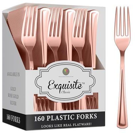 Exquisite Rose Gold Plastic Forks Heavy Duty 160 Pieces Rose Gold Plastic Silverware Heavy Duty Disposable Silverware Set, Disposable Forks Eating Utensils Sets Flatware Set For Parties
