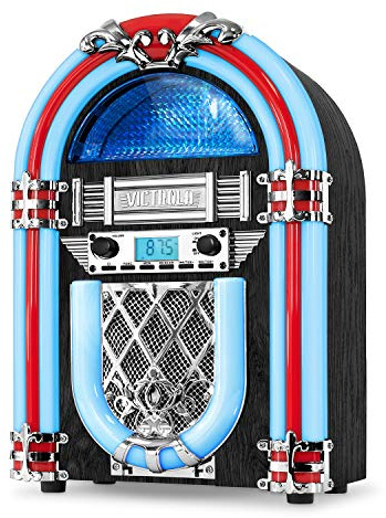 Victrola Nostalgic Wood Countertop Jukebox with Built-in Bluetooth Speaker, 50's Retro Vibe, 5 Bright Color-Changing LED Tubes, FM Radio, Wireless Music Streaming, AM/FM Radio, Aux Input
