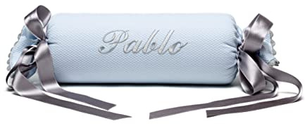 Cojín Bebé Personalizado Nenel - Rulo Cuna Nombre - Piqué Caramelo Recién Nacido (Celeste/Gris)