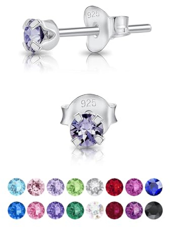 Pendientes de Botón Plata Ley 925 on Cristales Brillantes Lila - Pendientes Pequeños Plata 925 para Mujer - Punto de Luz Hipoalergénicos sin Niquel - Diámetro 3 mm