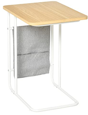 HOMCOM Mesa Auxiliar de Sofá en Forma de C con Bolsa de Almacenaje Extraíble Mesa Lateral para Salón Dormitorio Oficina 37x48x55,8 cm Roble y Blanco