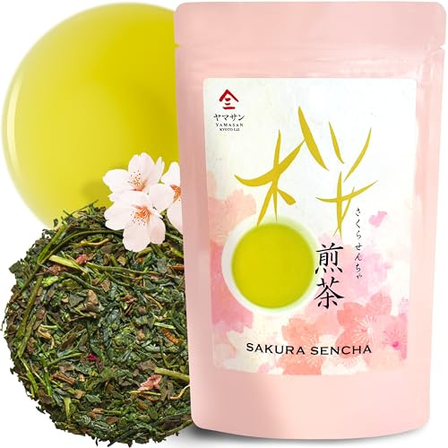 YAMASAN KYOTO UJI Sakura Sencha Green Tea Loose Leaf 80g | Japanese Cherry Blossom Flavored Sencha Green Tea, Blended with Real Sakura Leaves and Petals, All Natural 80g