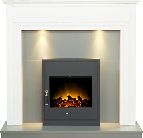 Adam Honley Fireplace in Pure White & Grey with Oslo Electric Inset Stove in Black, 48 Inch