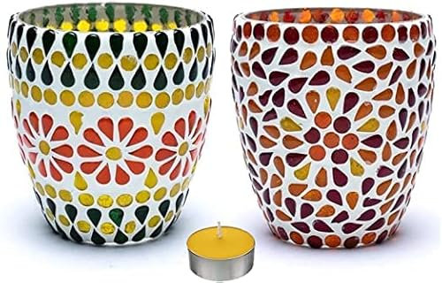 Portacandele in vetro colorato mosaico Ø 9 h. 10 cm. adatto a lumi candele votive o luce led - lumino profumato in omaggio (verde/giallo)