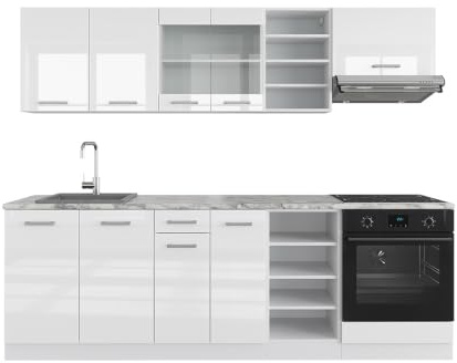 Vicco Küchenzeile R-Line, Weiß Hochglanz/Weiß, 240 cm ohne Arbeitsplatte, mit variabel kombinierbaren Modulen und höhenverstellbaren Füßen