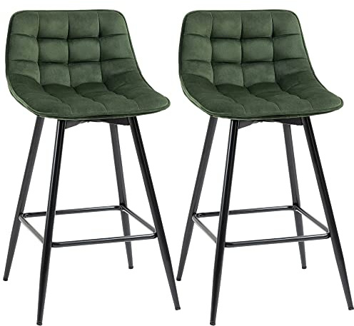 HOMCOM Set 2 Sgabelli Alti in Stile Nordico con Schienale e Poggiapiedi, Sgabelli con Schienale in Tessuto Effetto Velluto e Metallo, 45x47x84 cm, Verde